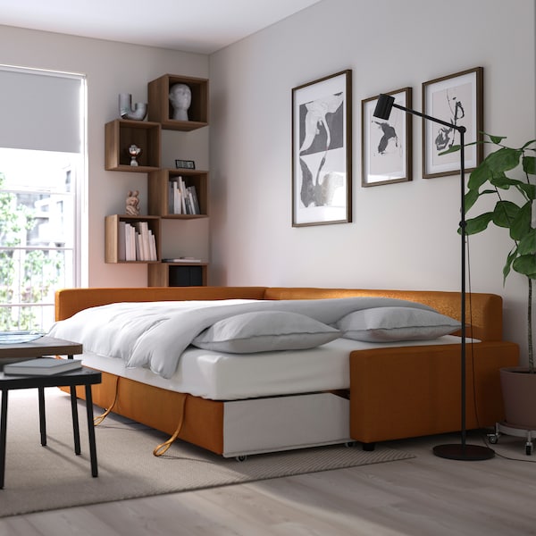 IKEA FRIHETEN / KLAGSHAMN Sleeper sectional,3 seat w/storage, Faringe brown-orange
