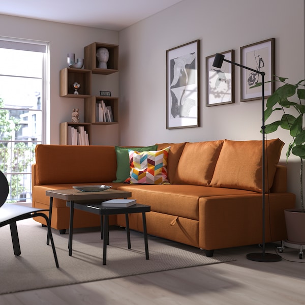 IKEA FRIHETEN / KLAGSHAMN Sleeper sectional,3 seat w/storage, Faringe brown-orange