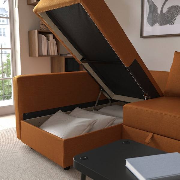 IKEA FRIHETEN / KLAGSHAMN Sleeper sectional,3 seat w/storage, Faringe brown-orange