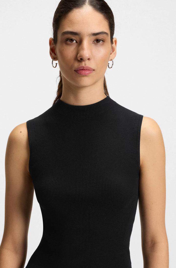 BOSS Sleeveless mock-neck top in ribbed fabric