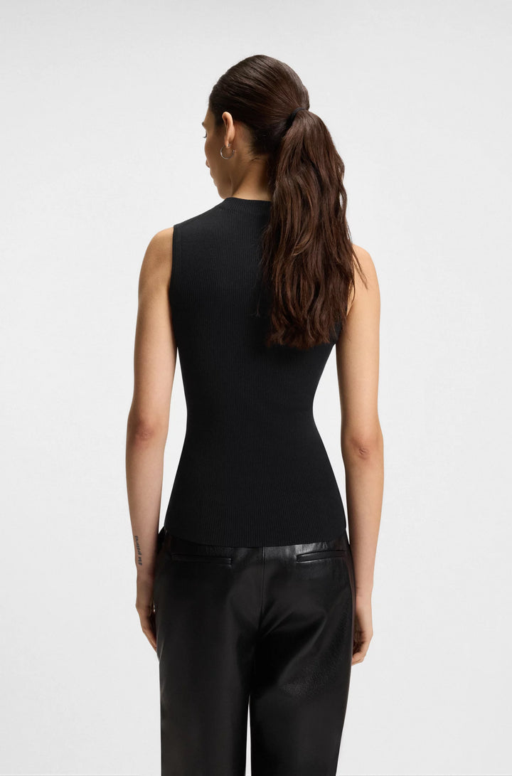 BOSS Sleeveless mock-neck top in ribbed fabric