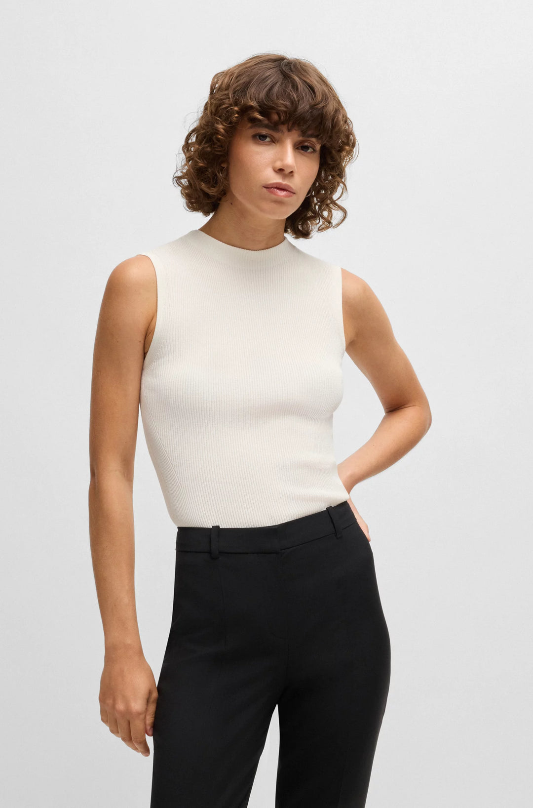 BOSS Sleeveless mock-neck top in ribbed fabric
