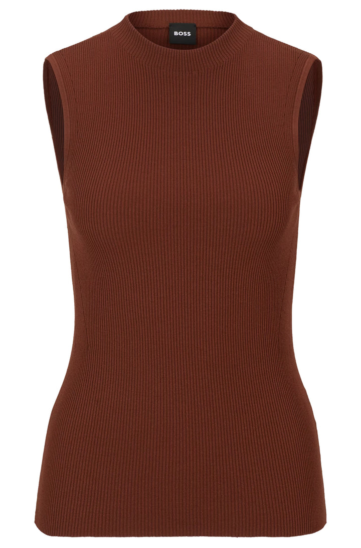 BOSS Sleeveless mock-neck top in ribbed fabric