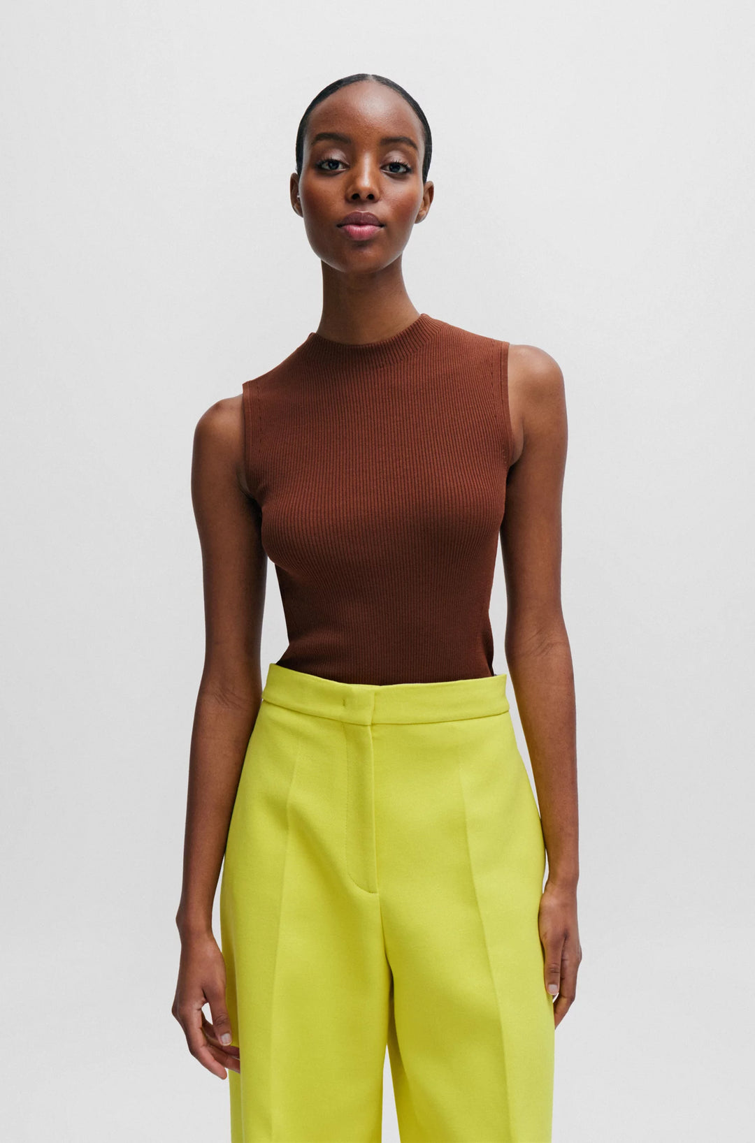 BOSS Sleeveless mock-neck top in ribbed fabric