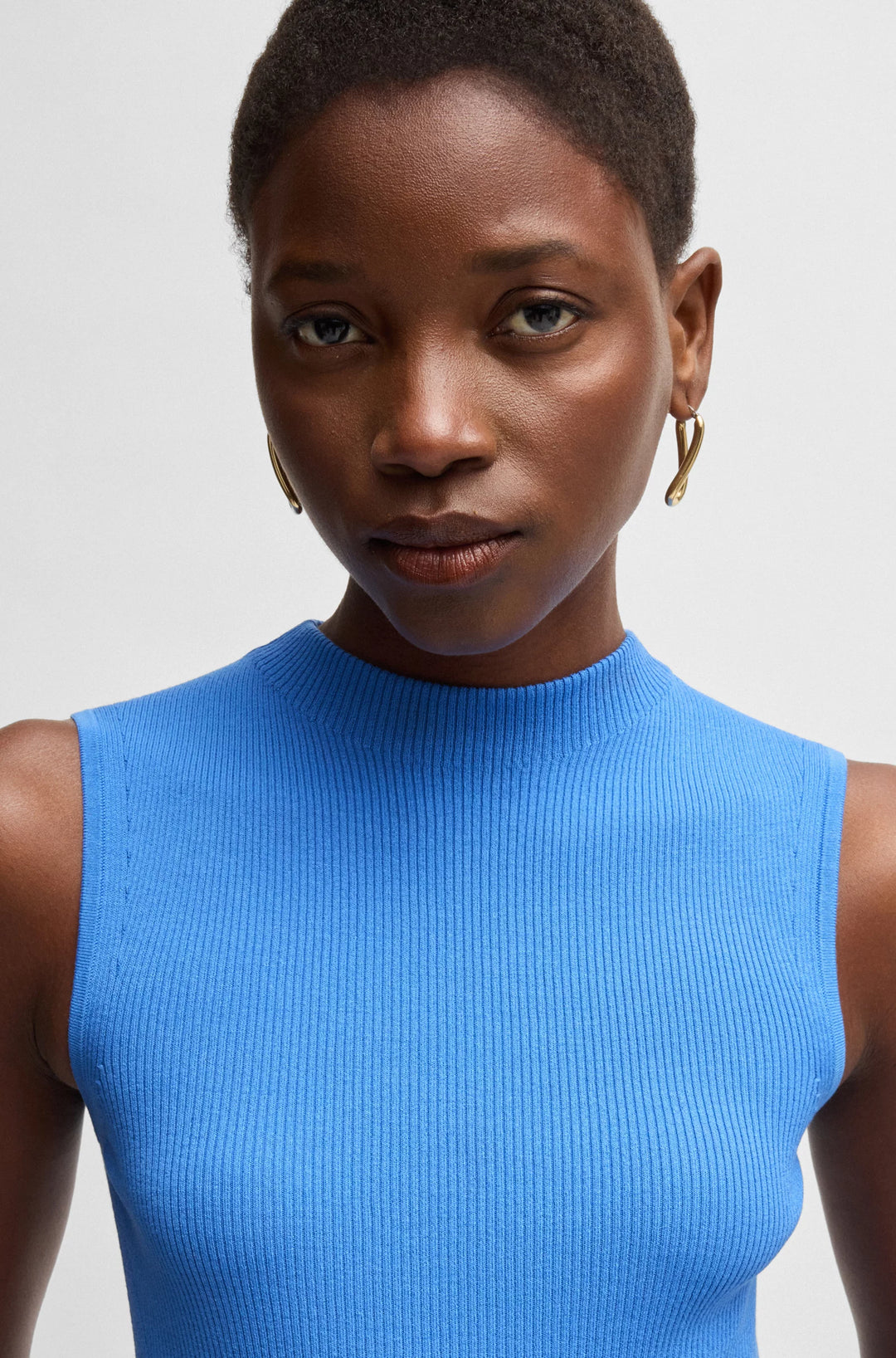 BOSS Sleeveless mock-neck top in ribbed fabric