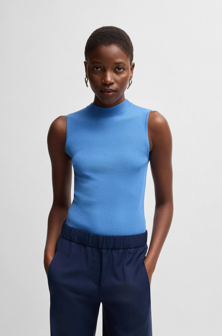 BOSS Sleeveless mock-neck top in ribbed fabric