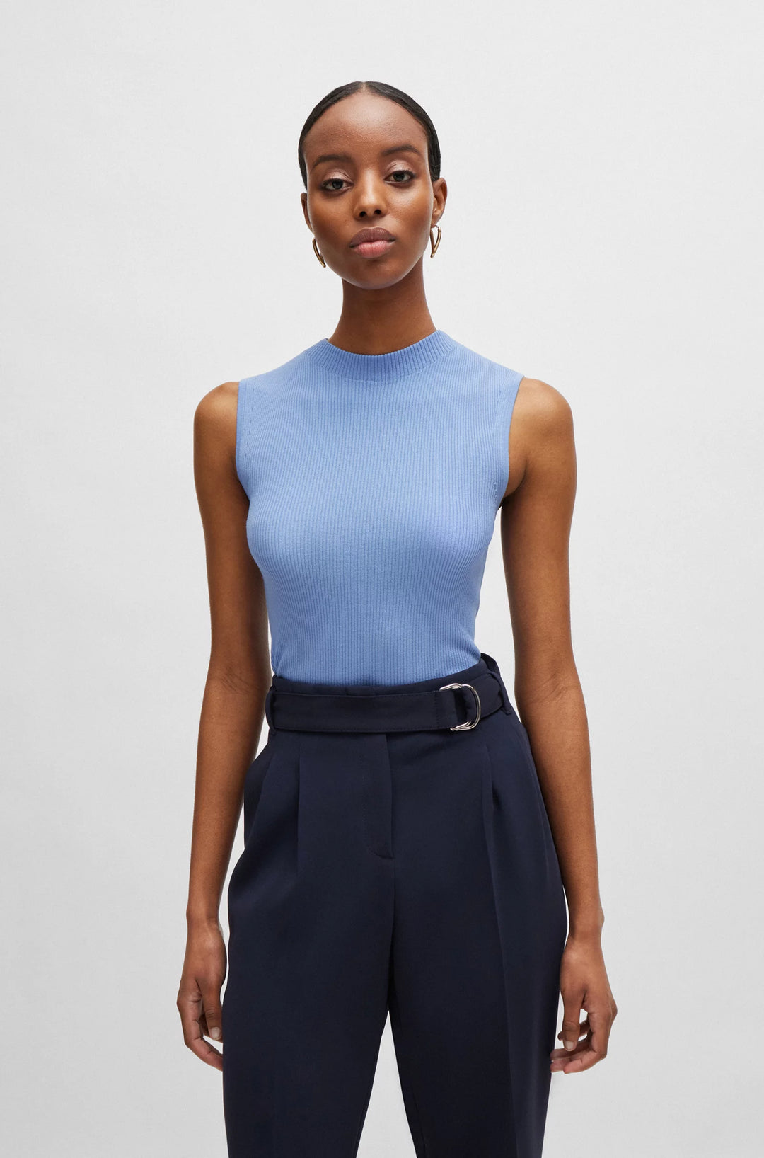 BOSS Sleeveless mock-neck top in ribbed fabric