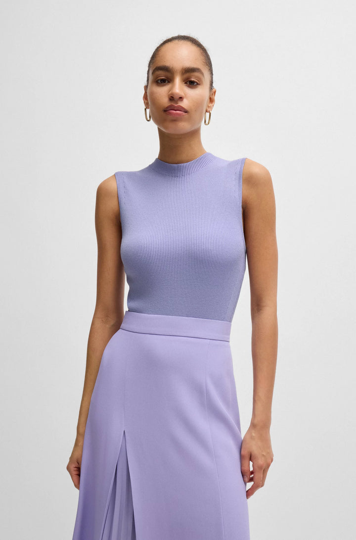 BOSS Sleeveless mock-neck top in ribbed fabric