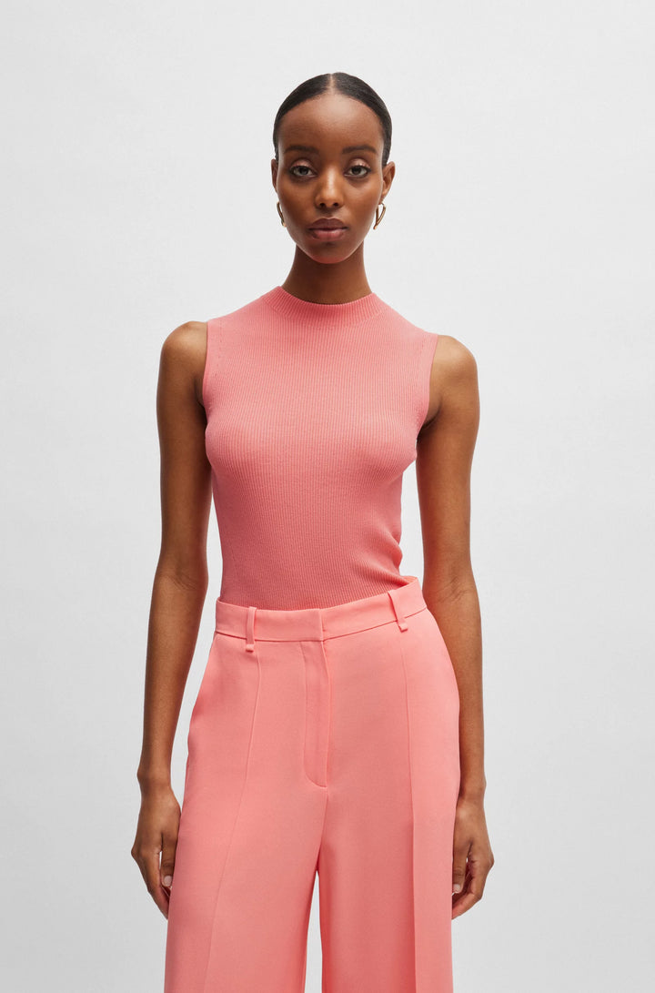 BOSS Sleeveless mock-neck top in ribbed fabric
