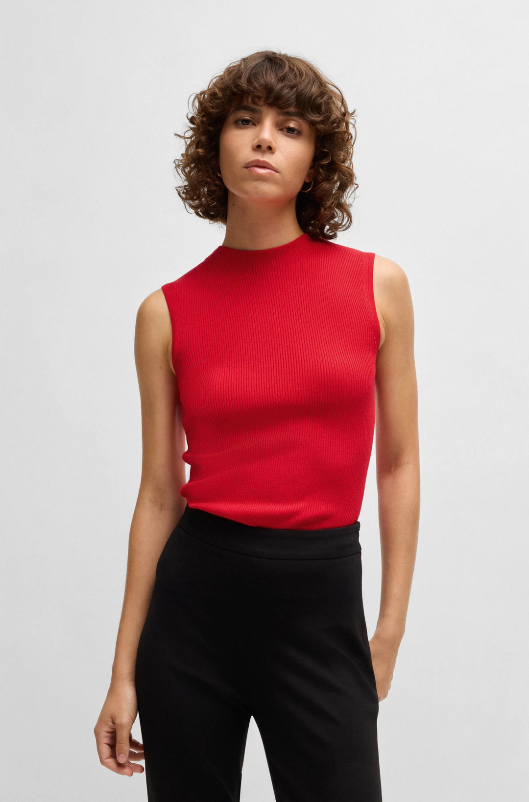 BOSS Sleeveless mock-neck top in ribbed fabric