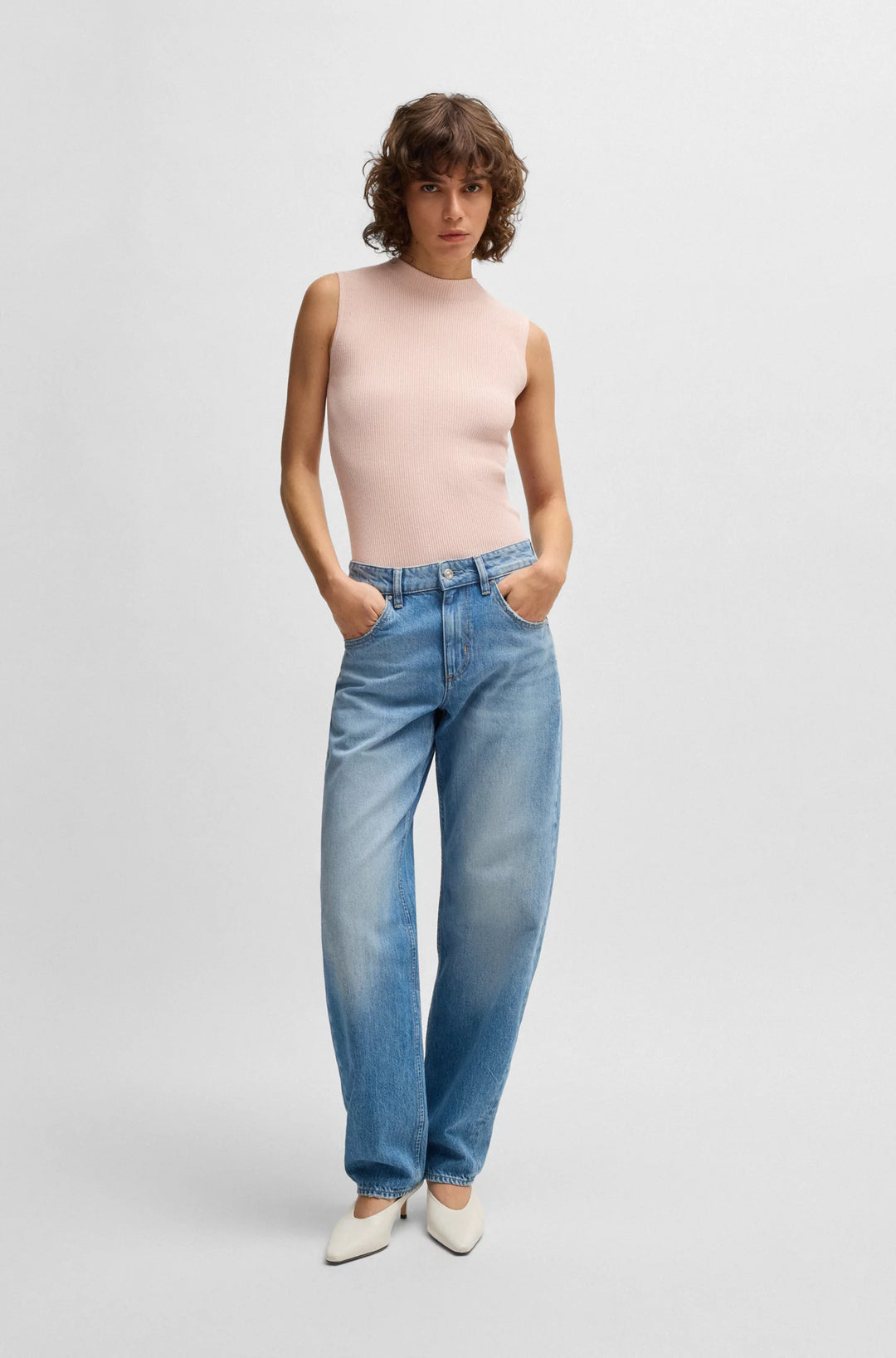 BOSS Sleeveless mock-neck top in ribbed fabric