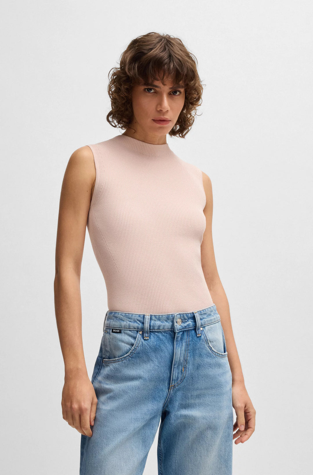 BOSS Sleeveless mock-neck top in ribbed fabric