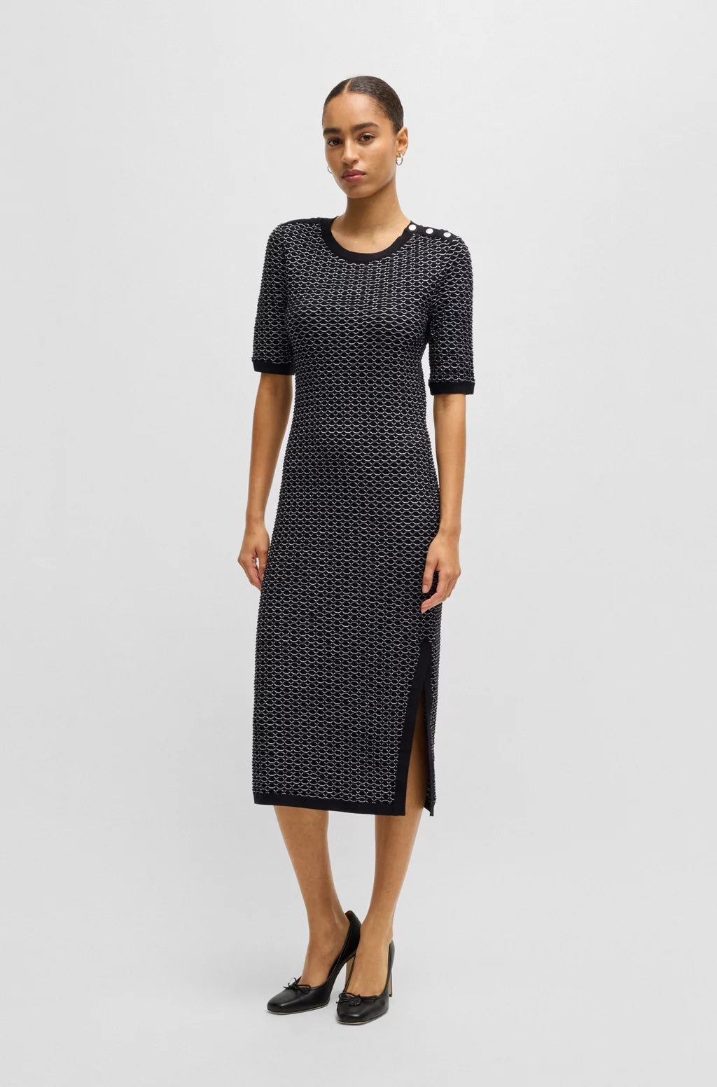 BOSS STRUCTURED-STRIPE DRESS IN STRETCH-COTTON JERSEY