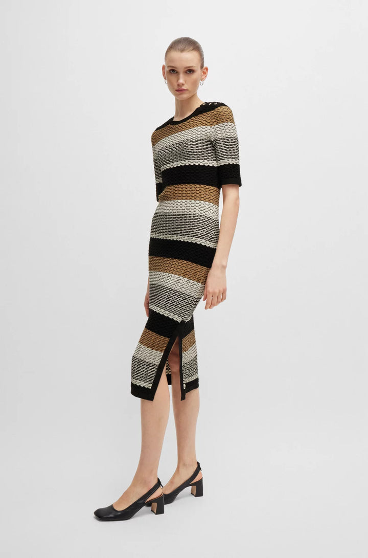 BOSS STRUCTURED-STRIPE DRESS IN STRETCH-COTTON JERSEY