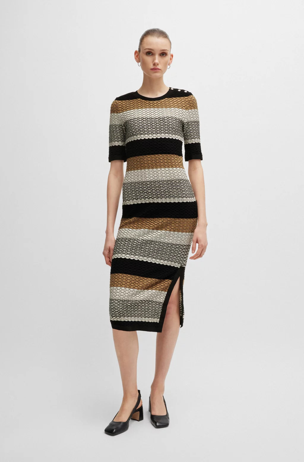 BOSS STRUCTURED-STRIPE DRESS IN STRETCH-COTTON JERSEY