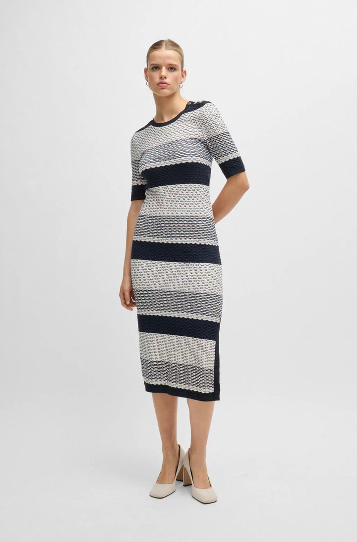 BOSS STRUCTURED-STRIPE DRESS IN STRETCH-COTTON JERSEY
