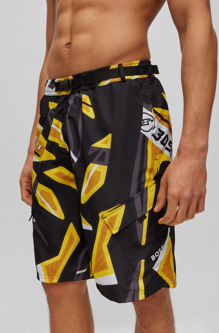 Boss Quick-drying swim shorts in seasonal-print recycled fabric