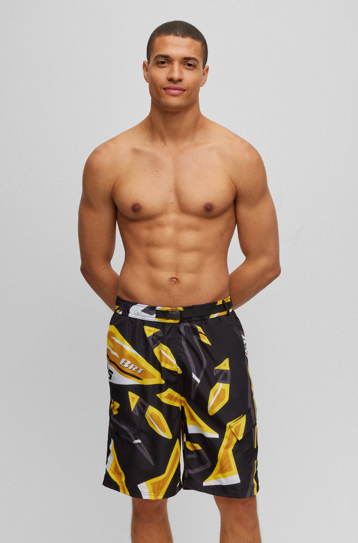 Boss Quick-drying swim shorts in seasonal-print recycled fabric