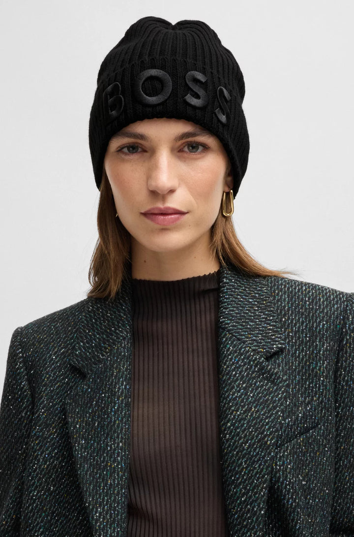 BOSS WOOL BEANIE HAT WITH EMBROIDERED LOGO