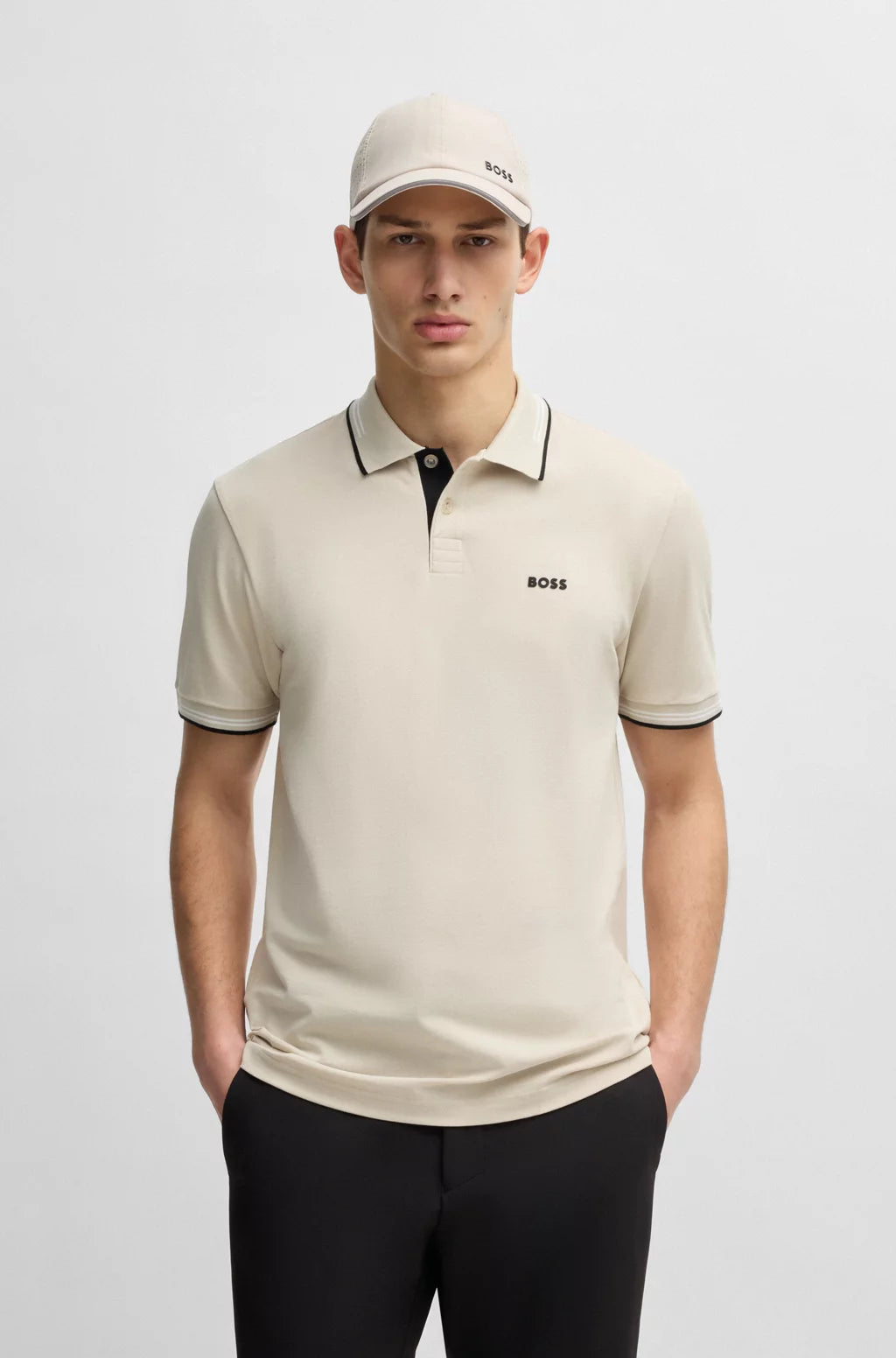 BOSS STRETCH-COTTON SLIM-FIT POLO SHIRT WITH BRANDING