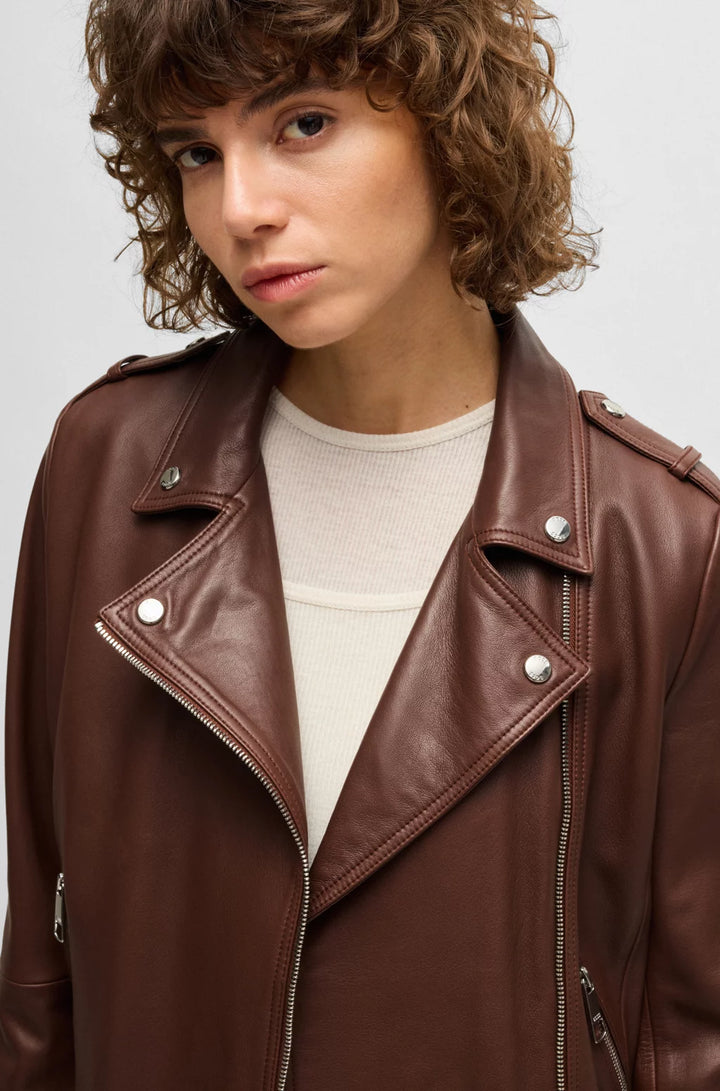 BOSS REGULAR-FIT JACKET IN NAPPA LEATHER WITH BUCKLED BELT