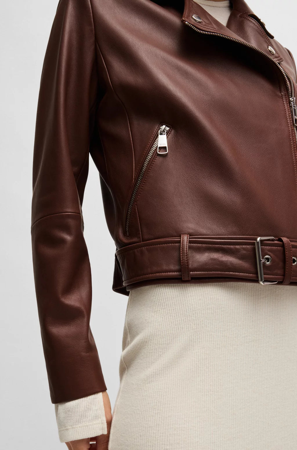 BOSS REGULAR-FIT JACKET IN NAPPA LEATHER WITH BUCKLED BELT