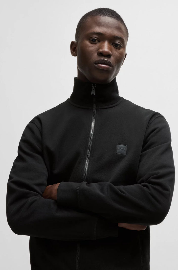 BOSS Zip-up jacket in cotton terry with logo badge