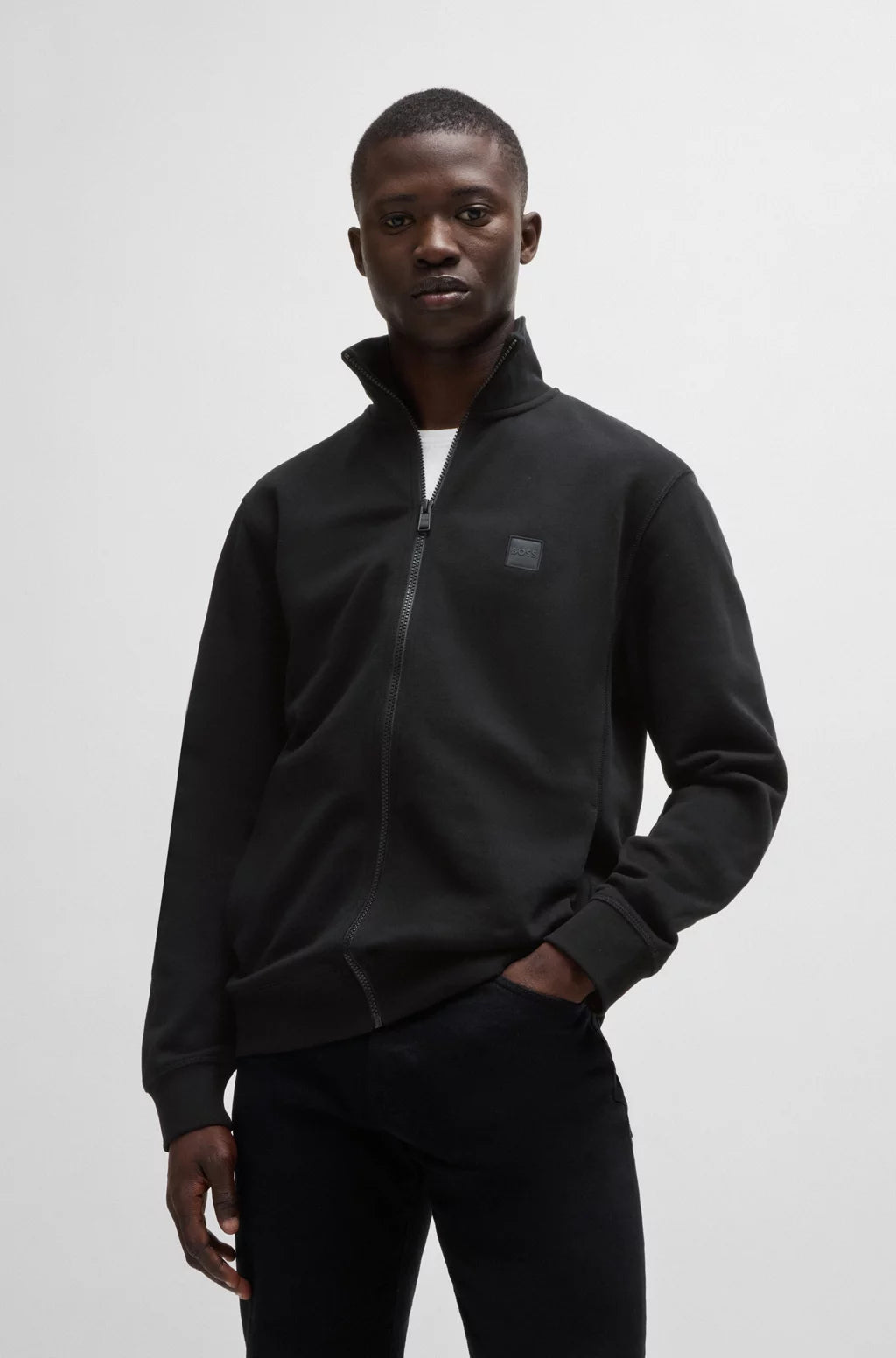 BOSS Zip-up jacket in cotton terry with logo badge