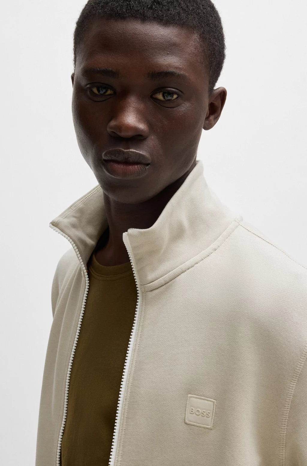 BOSS Zip-up jacket in cotton terry with logo badge