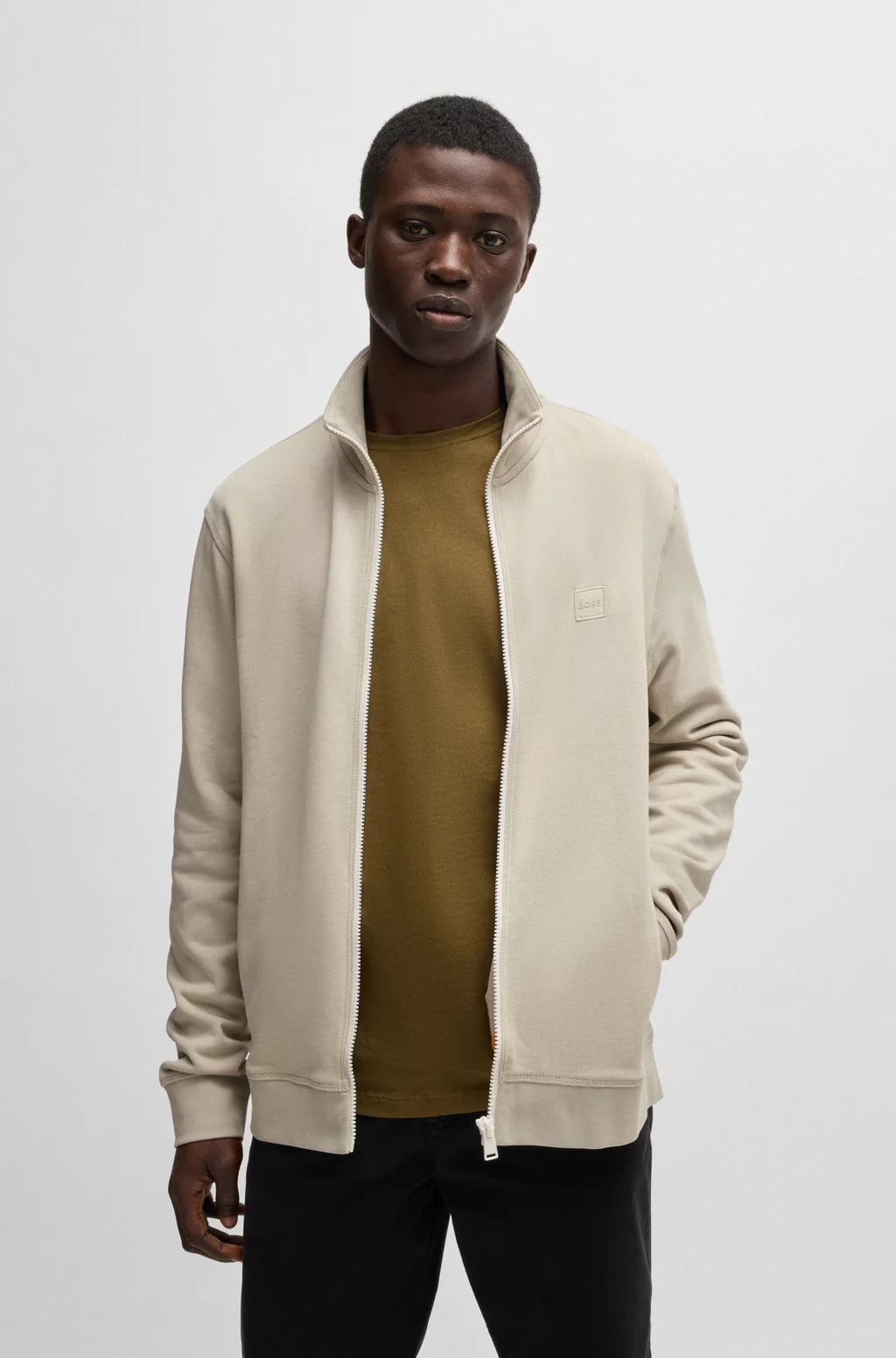 BOSS Zip-up jacket in cotton terry with logo badge