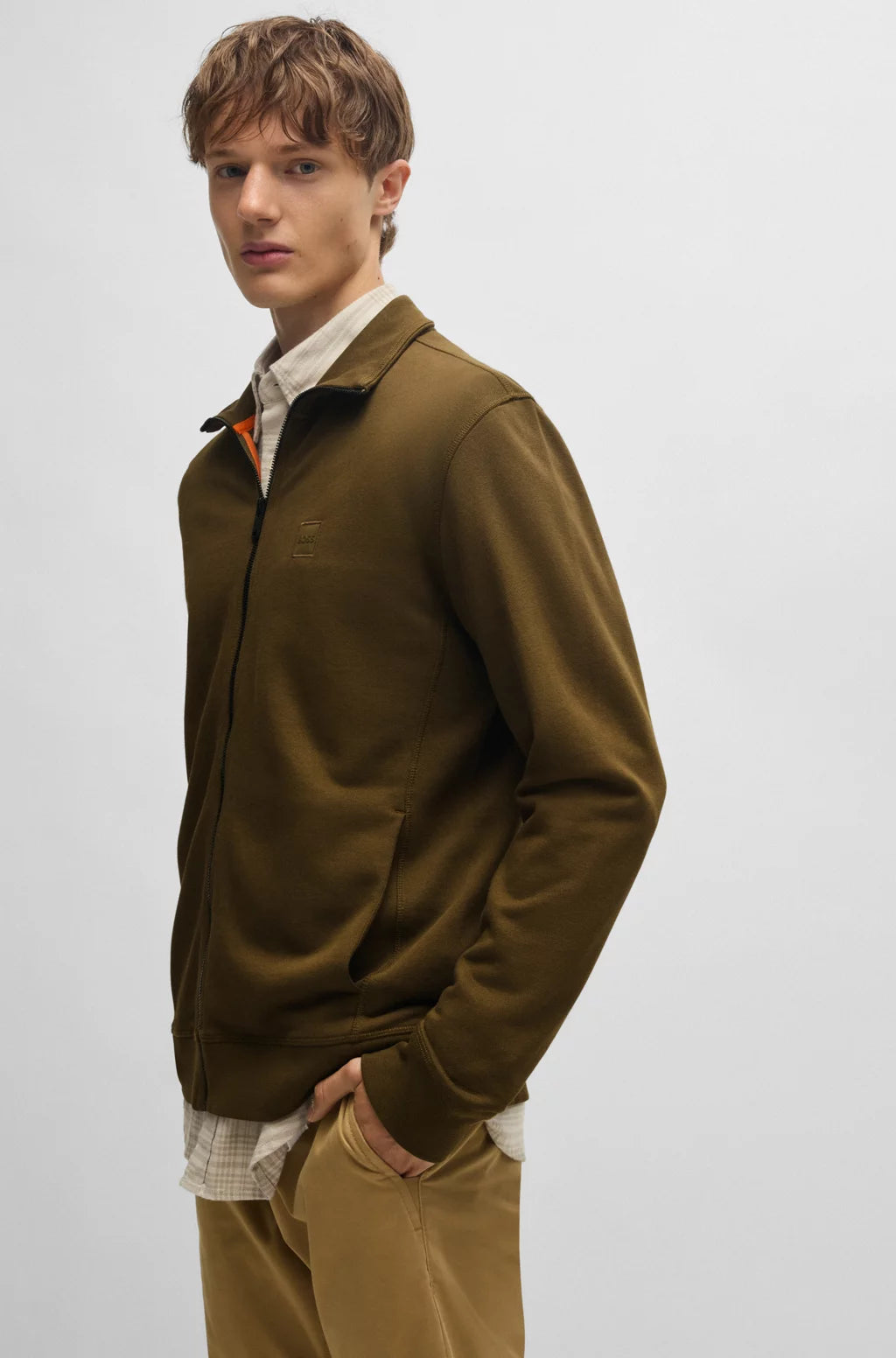 BOSS Zip-up jacket in cotton terry with logo badge