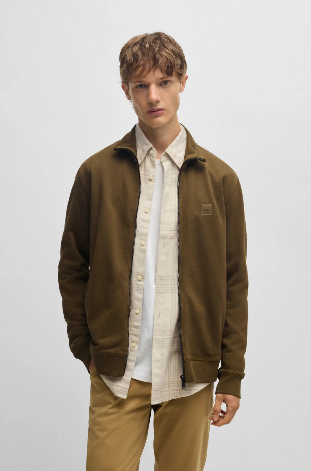 BOSS Zip-up jacket in cotton terry with logo badge