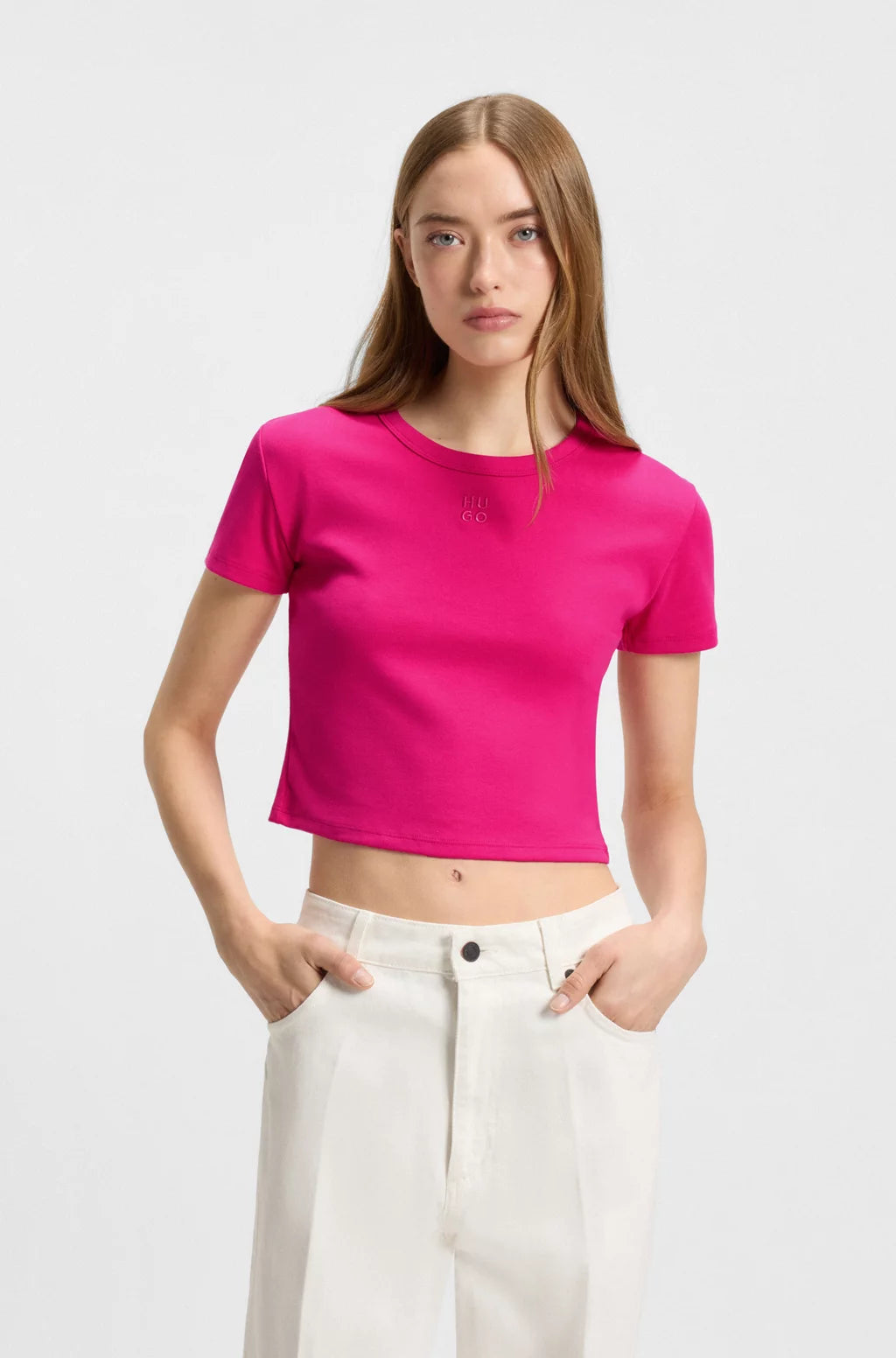 HUGO Cropped slim-fit T-shirt with stacked logo