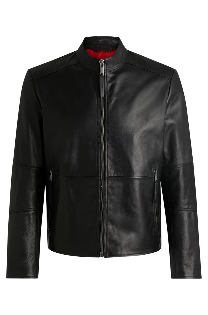 HUGO Slim-fit jacket in leather with stand collar
