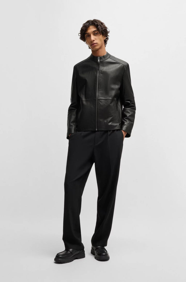 HUGO Slim-fit jacket in leather with stand collar