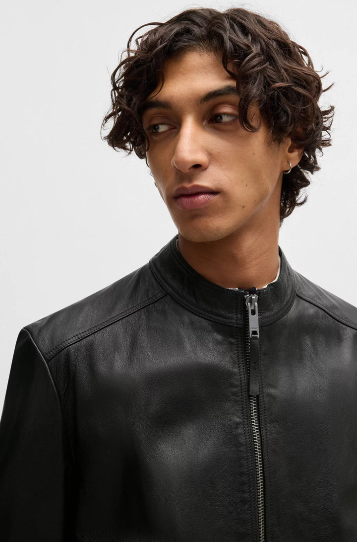 HUGO Slim-fit jacket in leather with stand collar