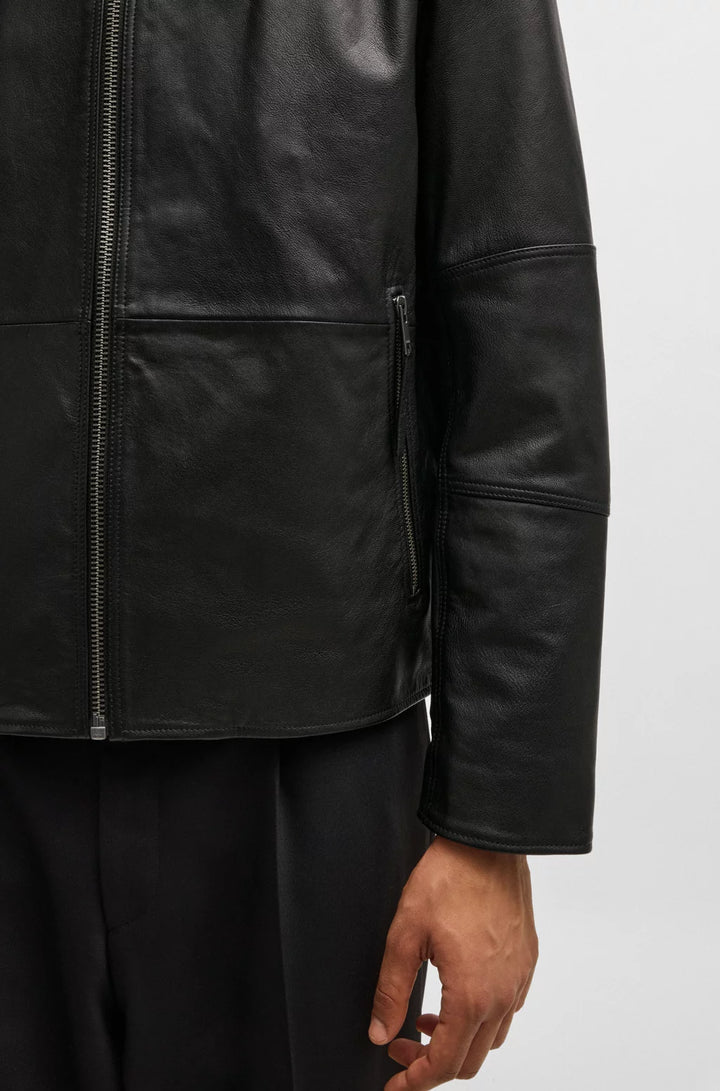 HUGO Slim-fit jacket in leather with stand collar