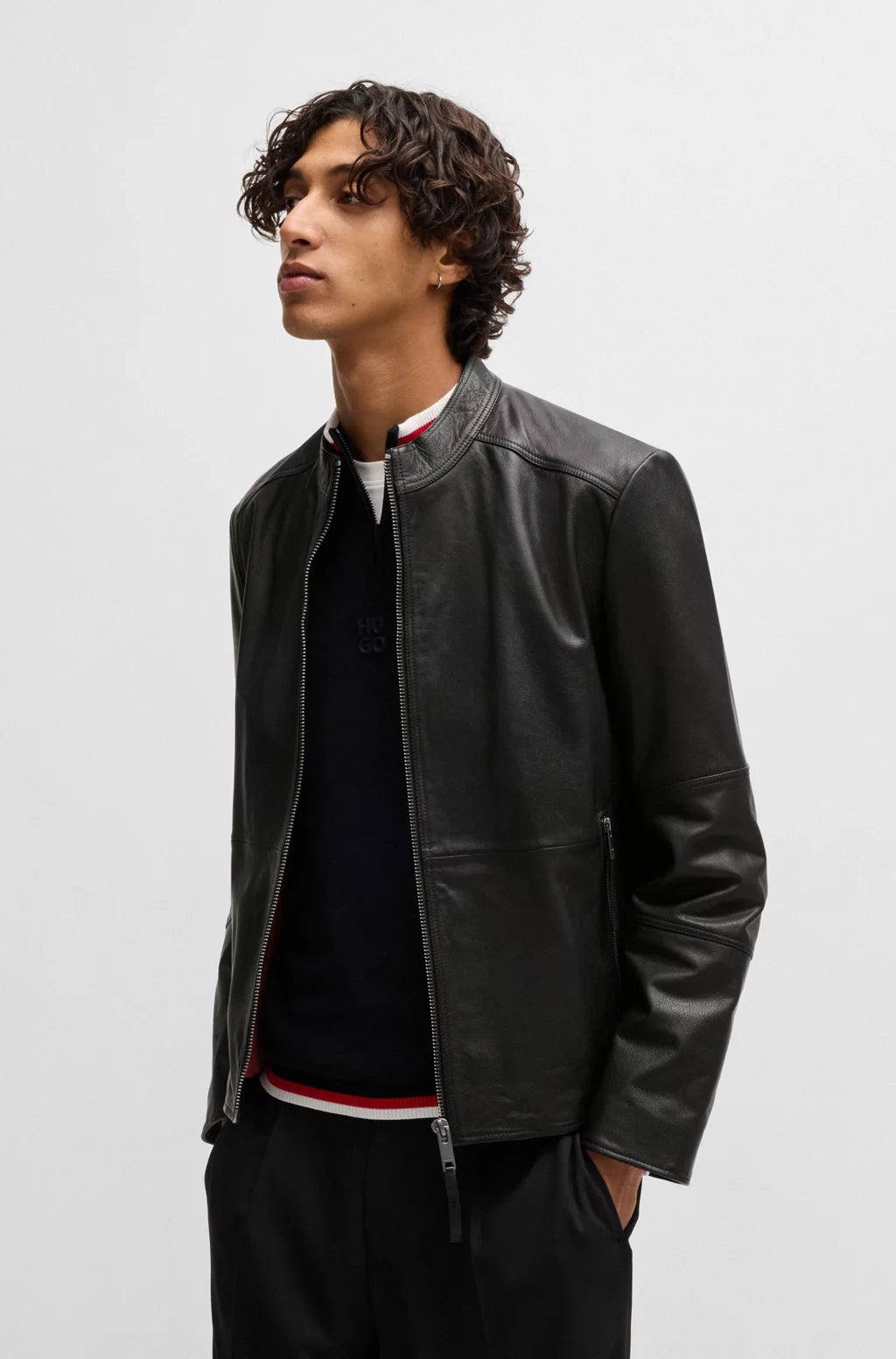 HUGO Slim-fit jacket in leather with stand collar