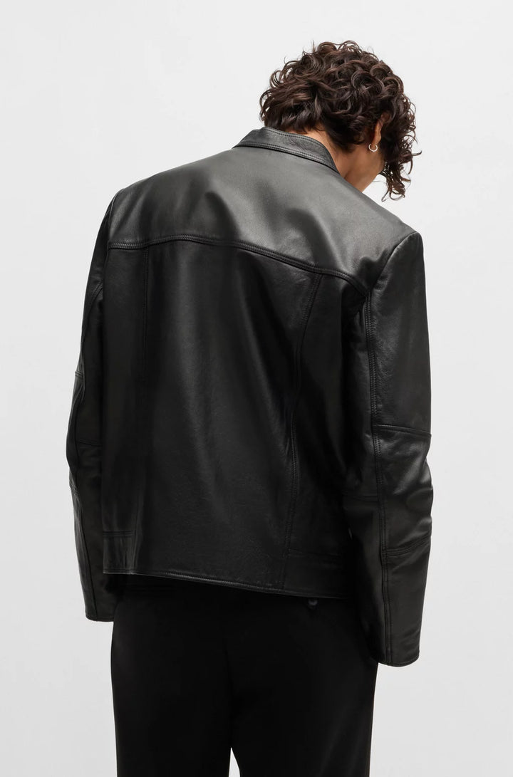 HUGO Slim-fit jacket in leather with stand collar