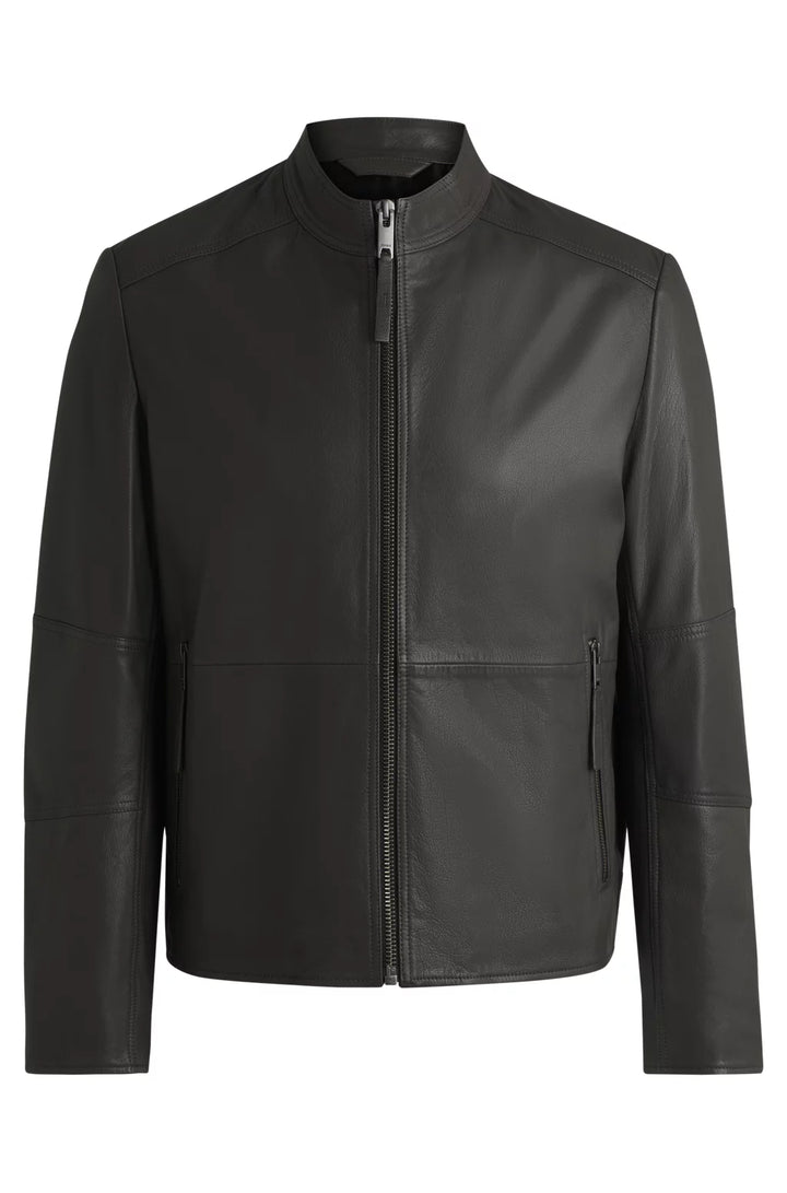 HUGO Slim-fit jacket in leather with stand collar