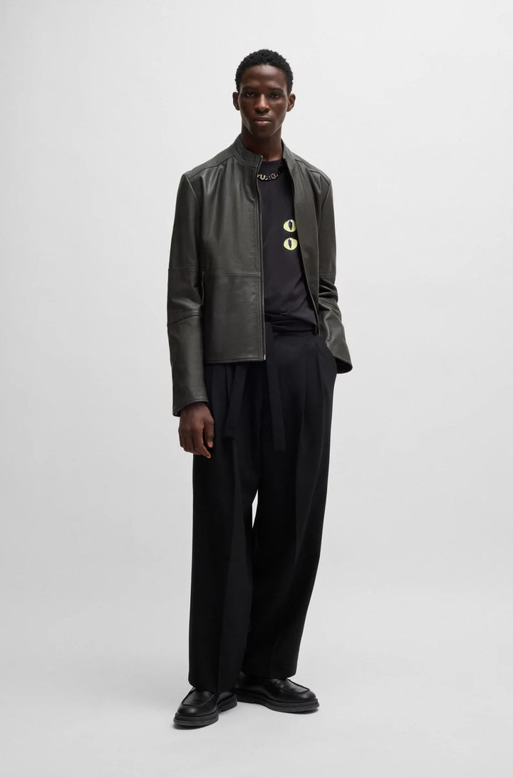 HUGO Slim-fit jacket in leather with stand collar