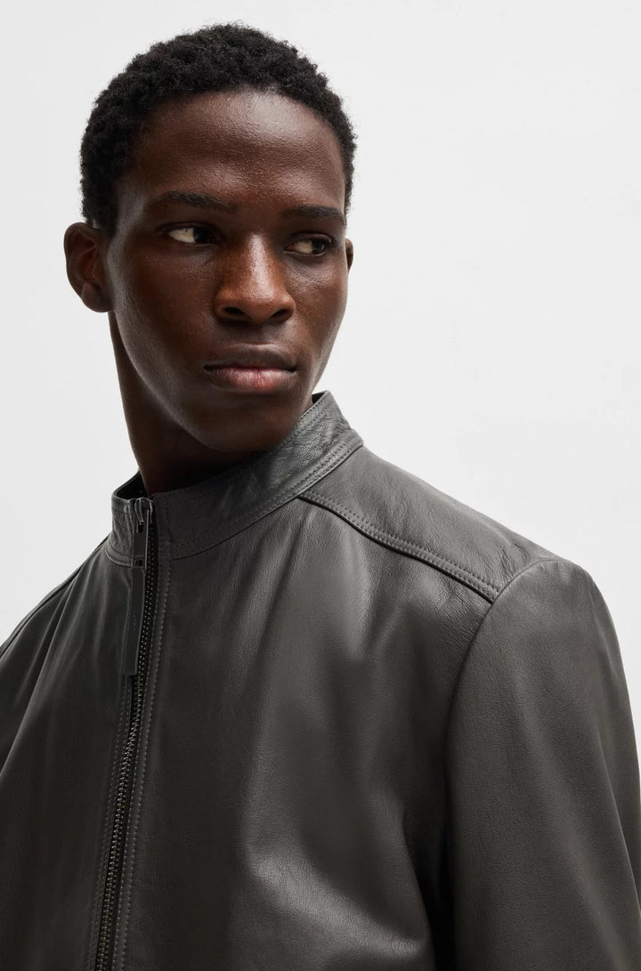 HUGO Slim-fit jacket in leather with stand collar
