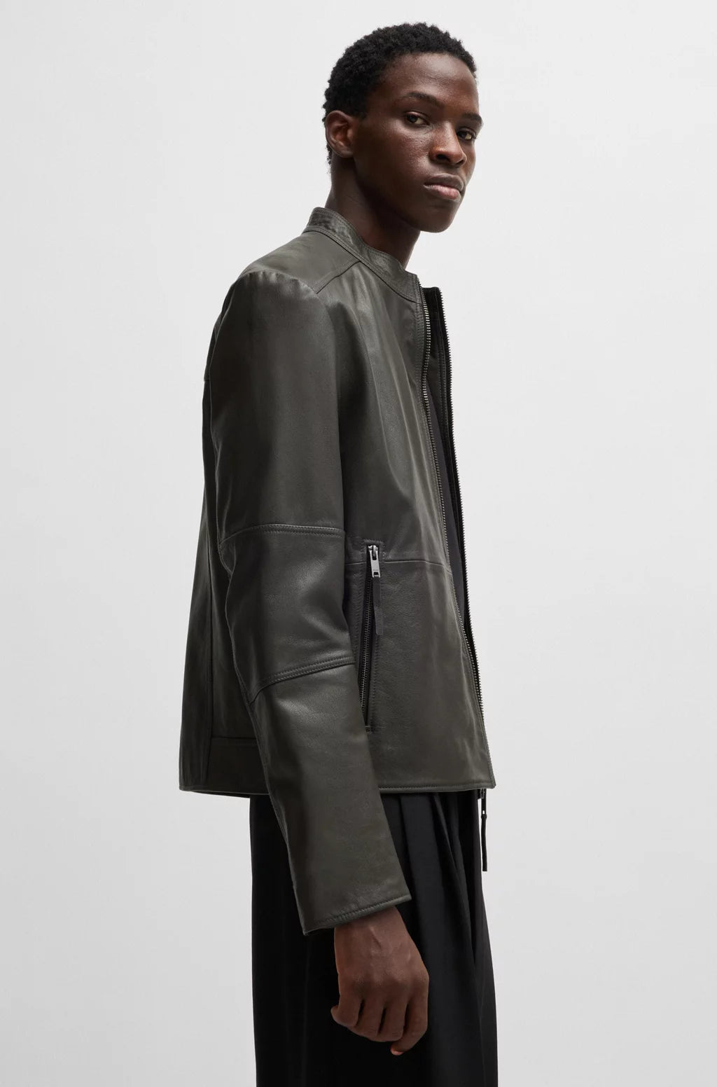 HUGO Slim-fit jacket in leather with stand collar