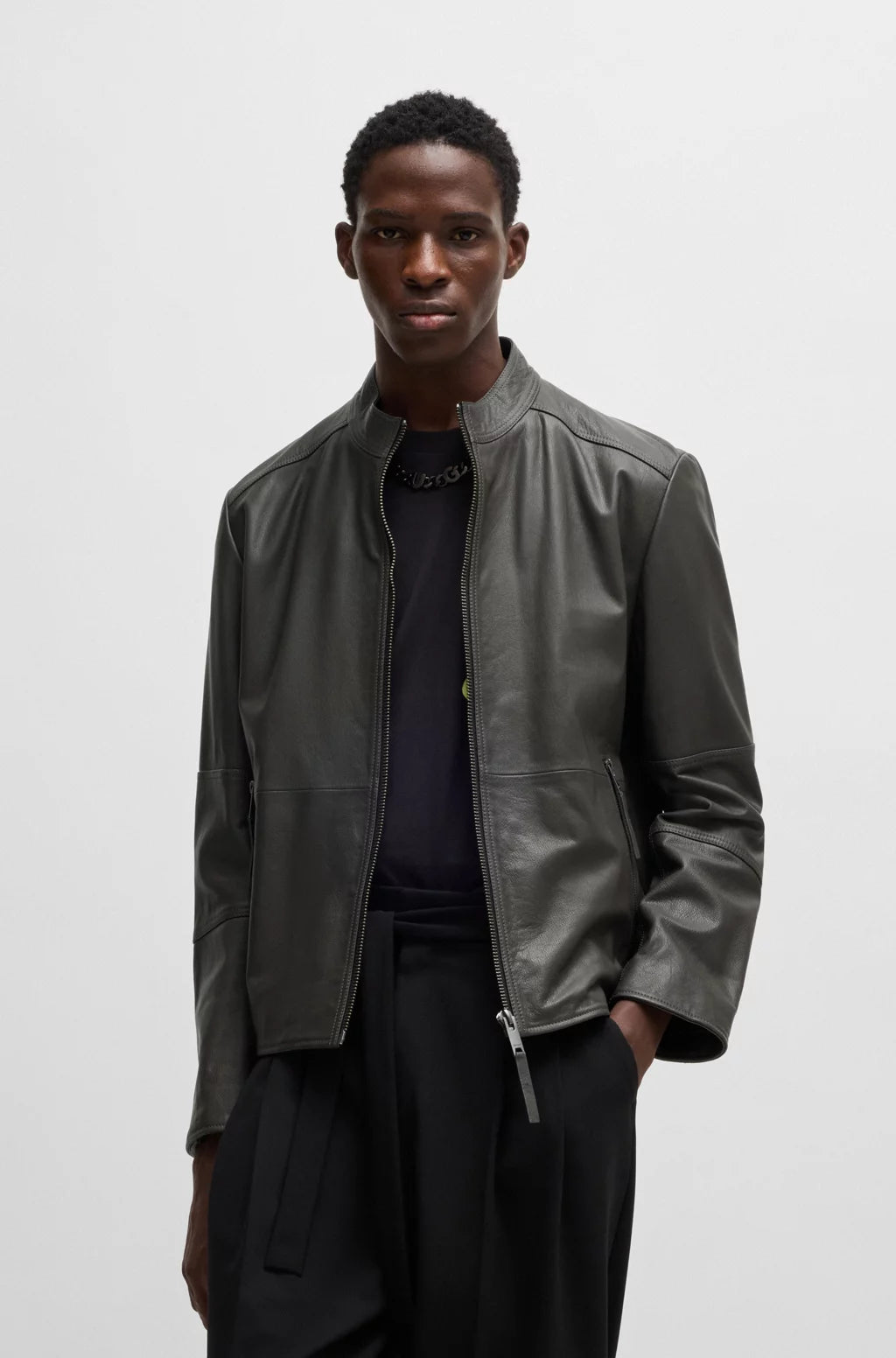 HUGO Slim-fit jacket in leather with stand collar
