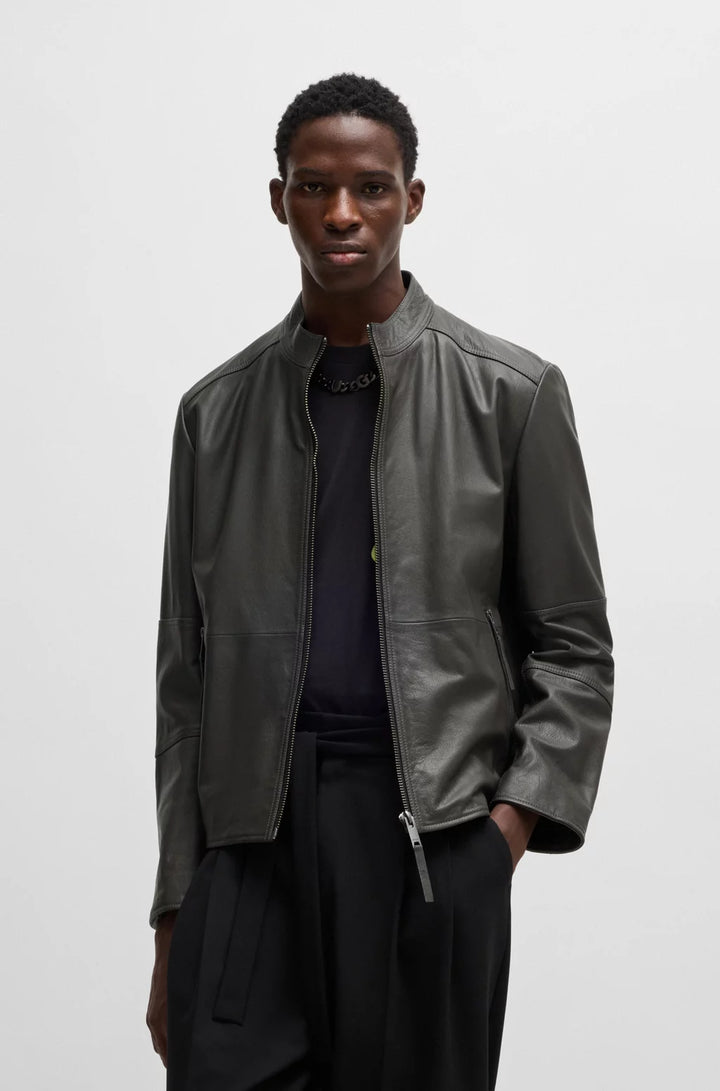 HUGO Slim-fit jacket in leather with stand collar