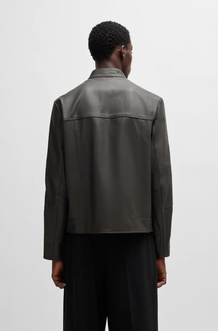 HUGO Slim-fit jacket in leather with stand collar
