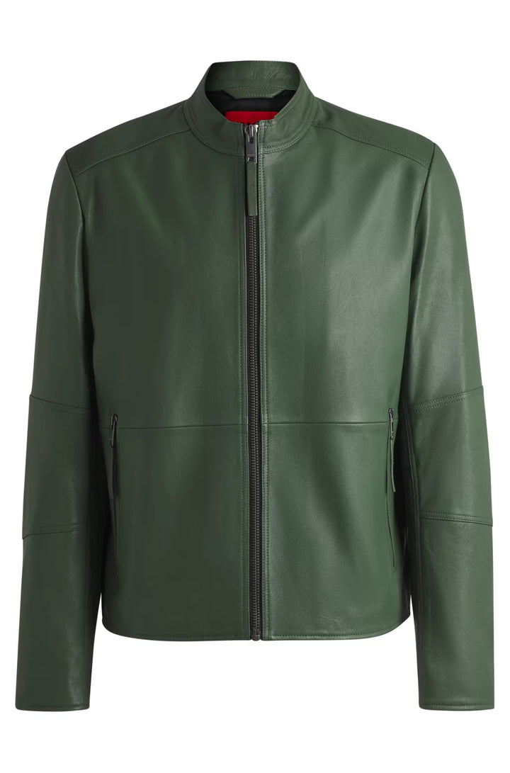 HUGO Slim-fit jacket in leather with stand collar