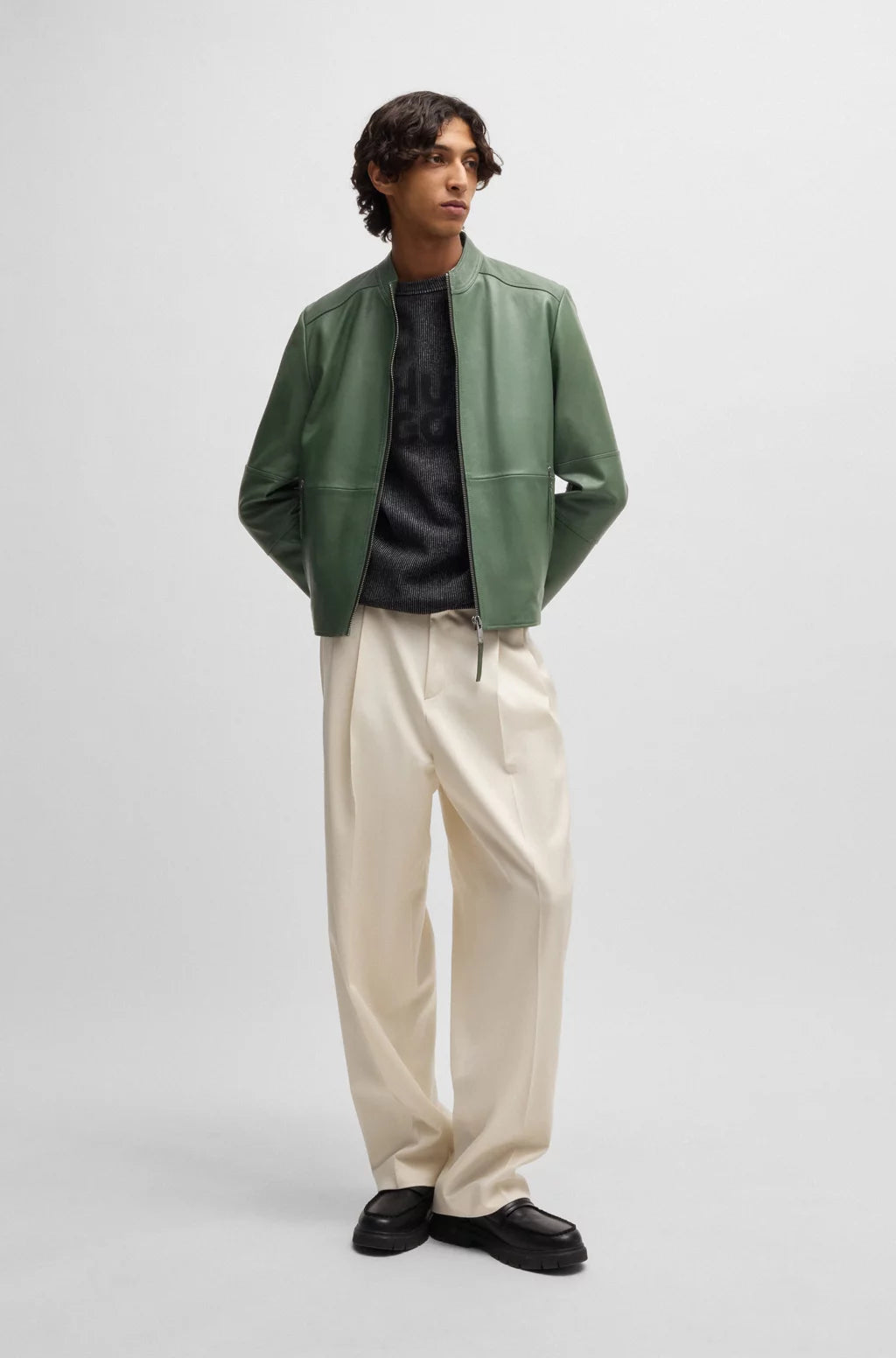 HUGO Slim-fit jacket in leather with stand collar