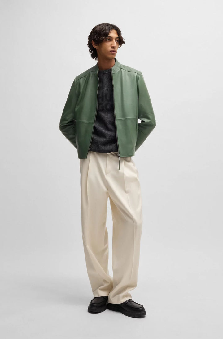 HUGO Slim-fit jacket in leather with stand collar