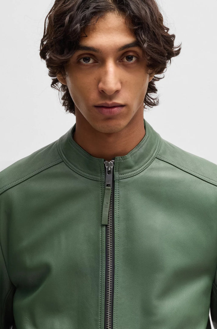 HUGO Slim-fit jacket in leather with stand collar